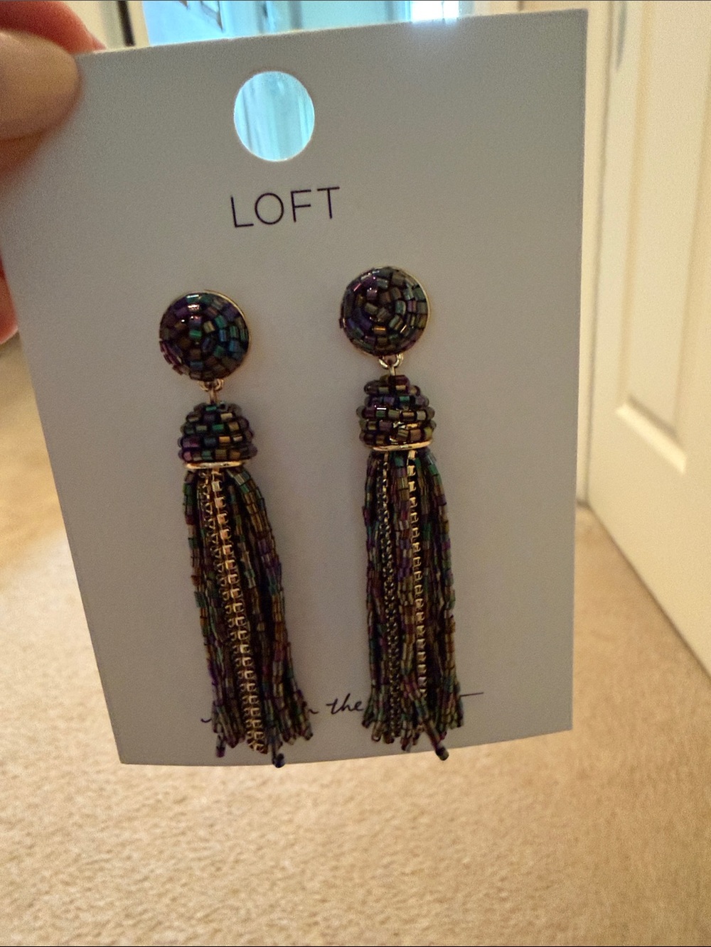 LOFT Iridescent Black Beaded Tassel Earrings
